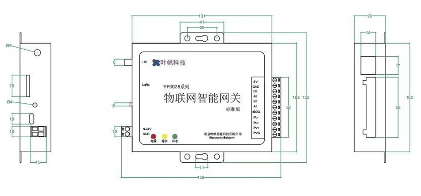 图2:YF3028产品尺寸(单位:mm) YF3028产品尺寸示意图